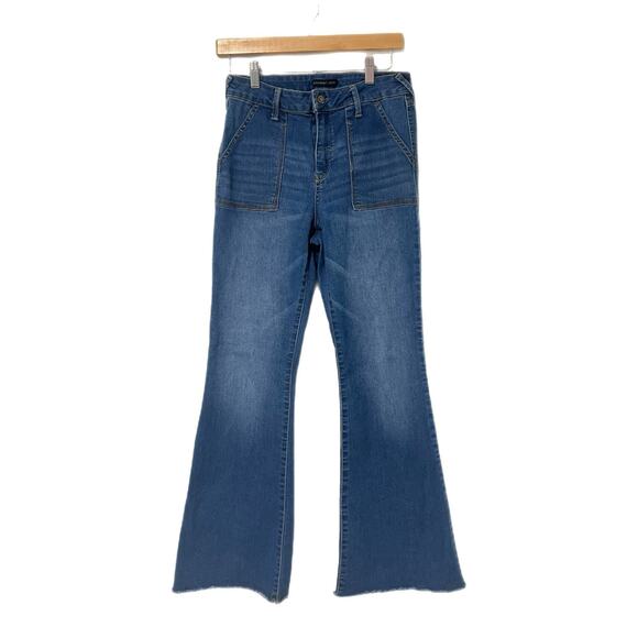 Sincerely Jules High Rise Flare Women 7/28 Raw Hem Retro Patch Pockets Stretch - Picture 1 of 11